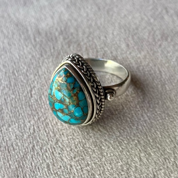 Blue Turquoise Copper Sterling Silver Ring Size 7 - Picture 3 of 10